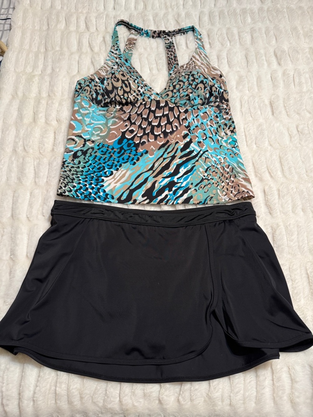 Women’s Black Swim Skirt with Turquoise Animal-Print Tankini Top